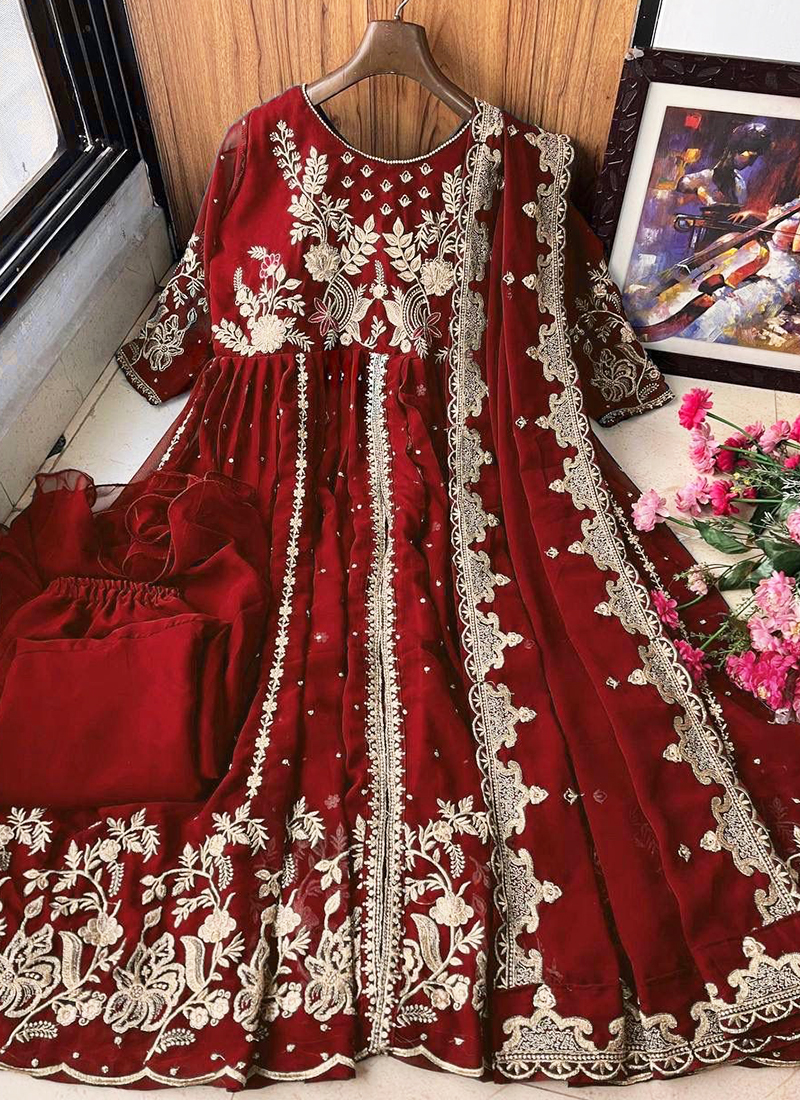 Maroon Trendy Designer Readymade Pant Suit With Embroidery Work main image 1
